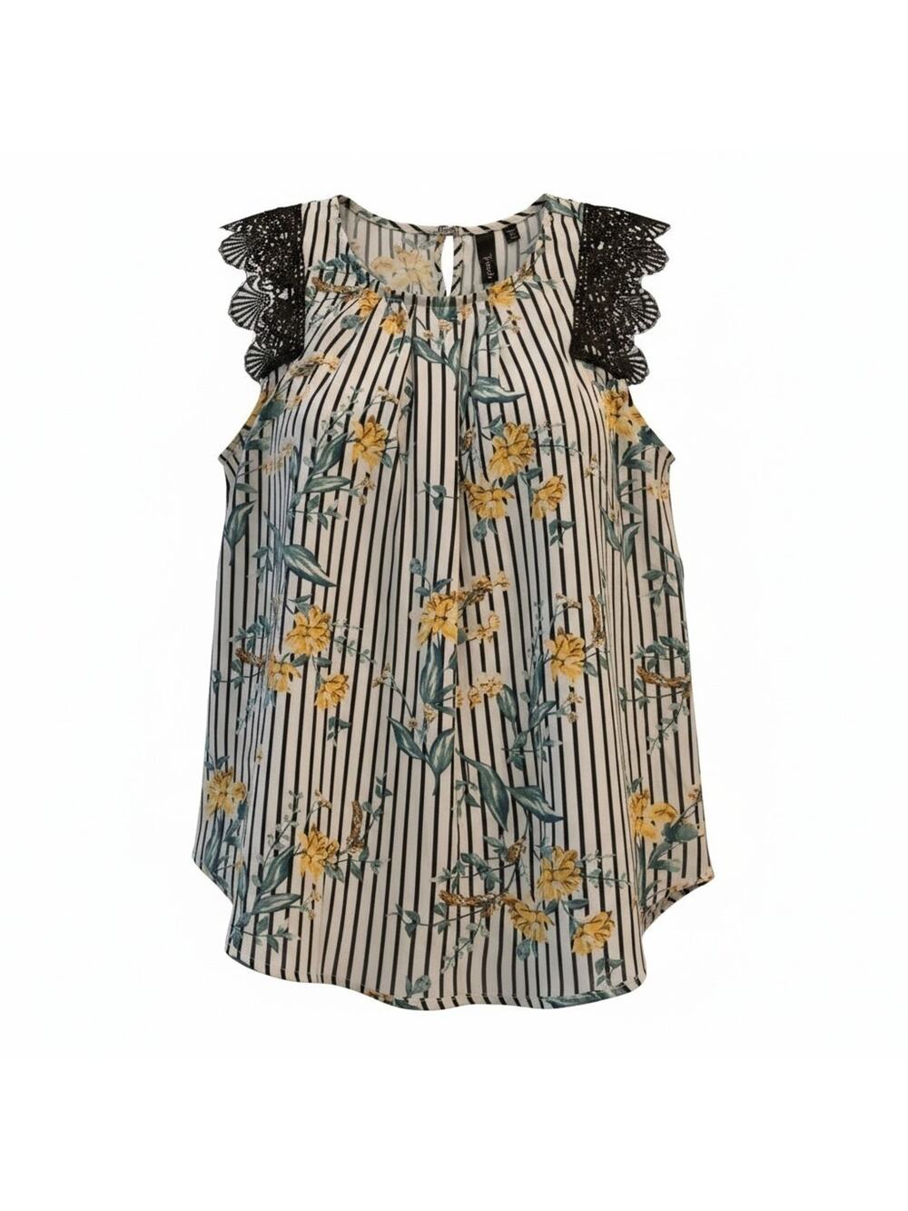 Tende Womens Top Large Sleeveless Floral Black White Striped Lace Accent Blouse